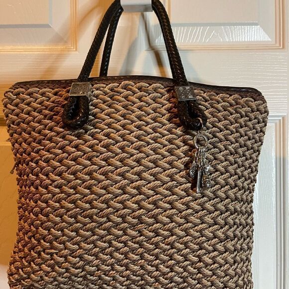 Brighton leather brown and brown woven straw shoulder bag silver tone accent - Picture 2 of 11
